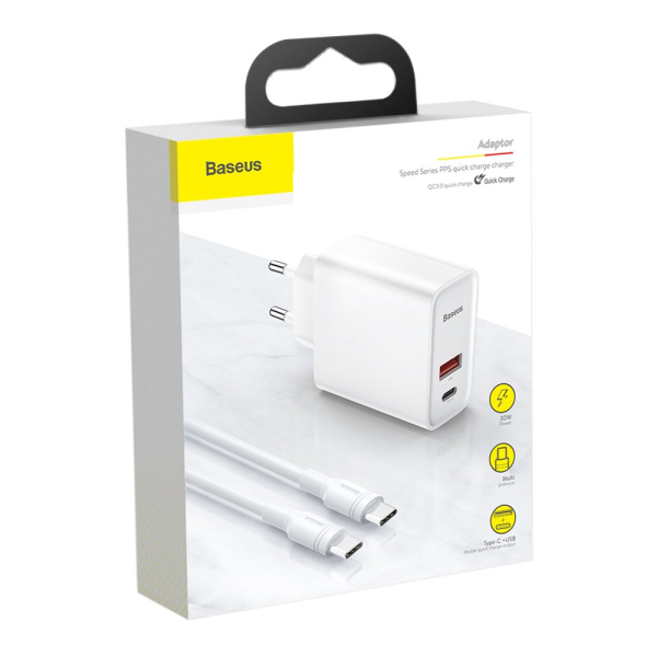 Baseus TZCAFS-A02 Универсальное Зарядное Устройство USB / Type-C / PD / 20V / 5A + Type-C Провод 1М Белое