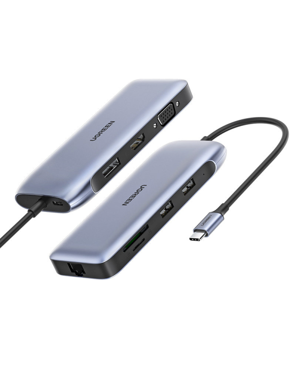 Ugreen multi-functional HUB 9in1 USB Type C - HDMI, DP, VGA, 2 x USB, RJ45 Ethernet, SD | TF card reader, USB Type C PD 100W gray (CM274)