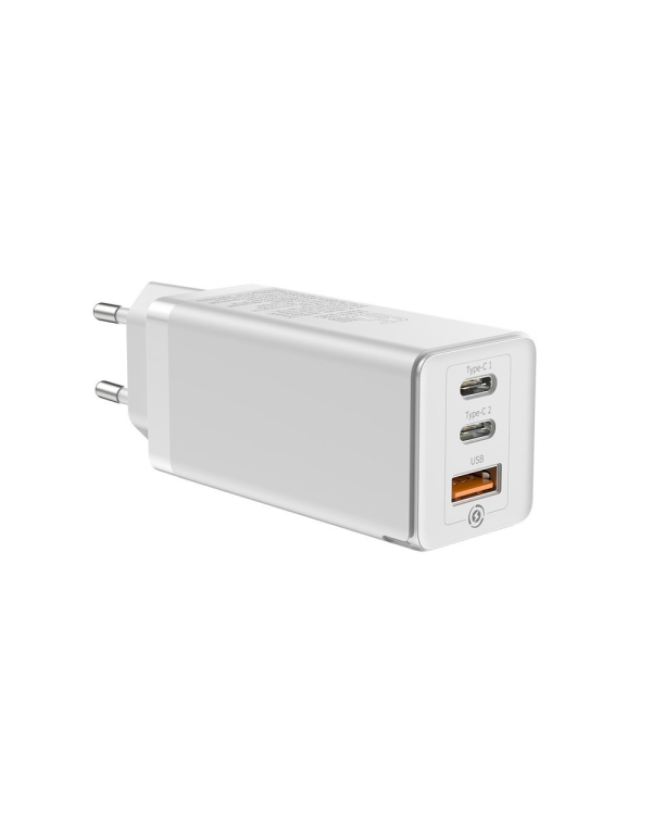 Baseus GaN CCGAN-B02 Сетевое зарядное устройство USB / 2 x USB-C / 65W / 5A / Quick Charge 3.0 Белое