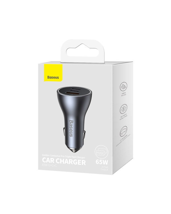 Baseus Golden Contactor Pro car charger, 2x USB-C, 1x USB, 65W (gray)