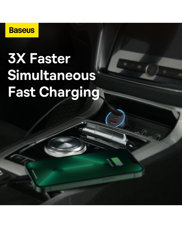 Baseus Golden Contactor Pro car charger, 2x USB-C, 1x USB, 65W (gray)
