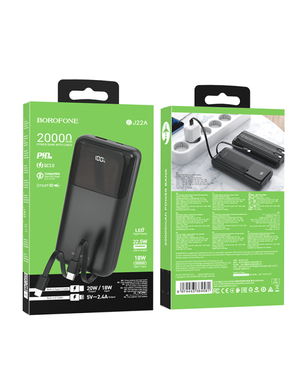 Дополнительное изображение книги «Borofone Power Bank 20000mAh BJ22A - USB - PD QC 3.0 22,5W with Type C and Lightning cables black»
