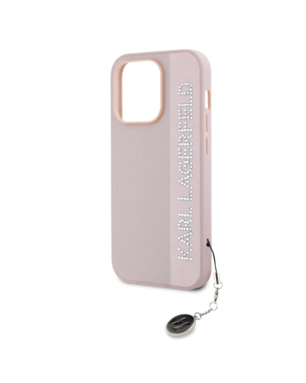 Karl Lagerfeld PU Saffiano Rhinestone Charm Case for iPhone 14 Pro Pink