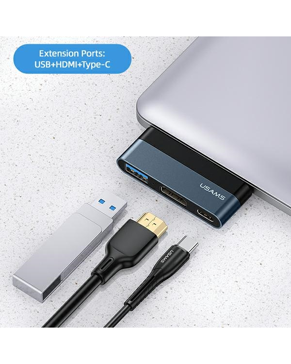 USAMS Adapter HUB USB 3.0|USB-C|HDMI 1.4 szary|grey SJ492HUB01 (US-SJ492)