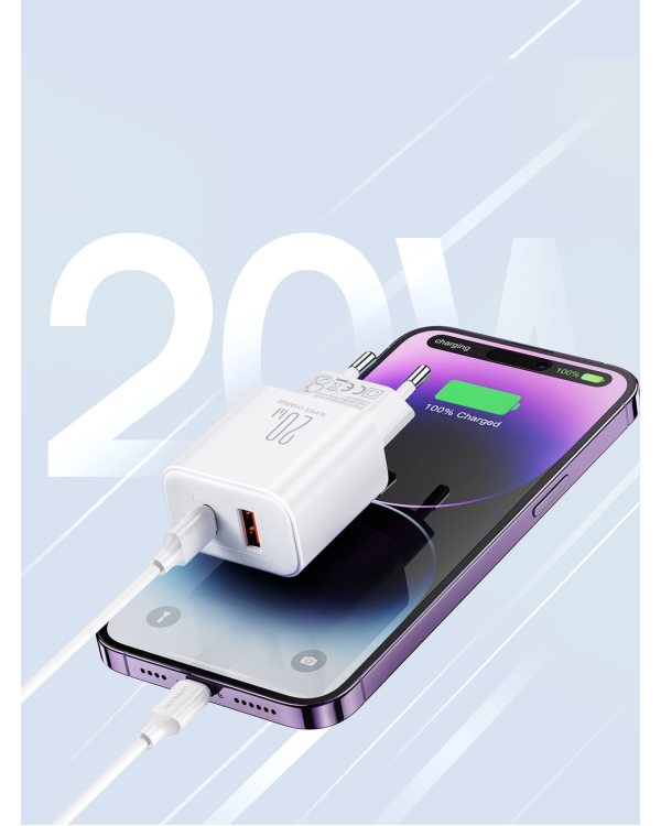 Joyroom JR-TCF05 20W USB-C | USB-A Fast Dual Port Wall Charger - White + USB-C - Lightning 1m