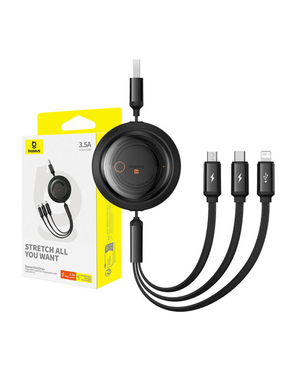 Fast Charging Cable 3in1 Baseus Free2Draw, USB to micro USB+USB-C+Lightning, 3.5A, 1.1m (black)