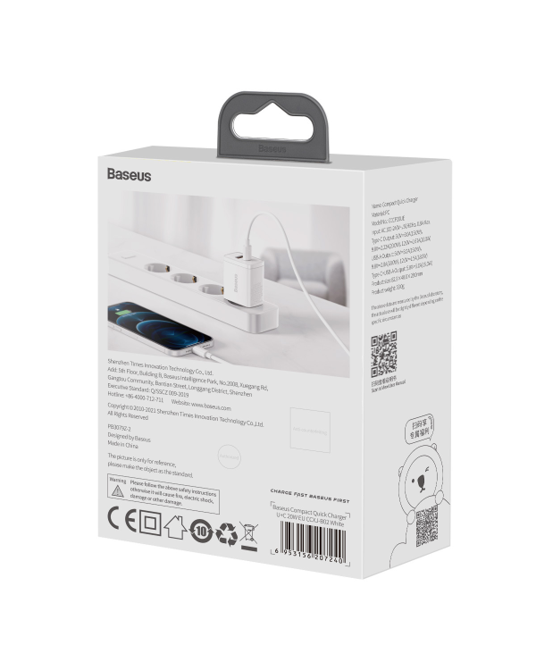Baseus Compact quick charger USB Type C | USB 20 W 3 A Power Delivery Quick Charge 3.0 white (CCXJ-B02)