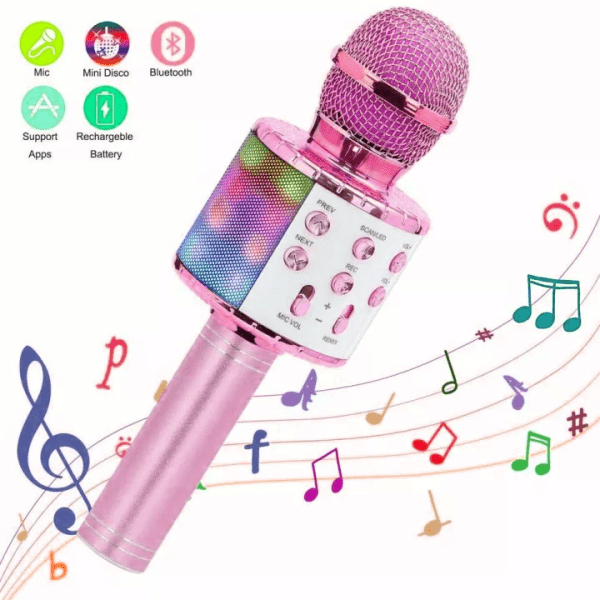 Goodbuy LED караоке-микрофон с динамиком bluetooth / 5W / aux / голосовой модулятор / USB / Micro SD розовый