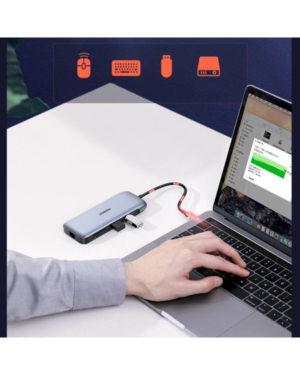 Ugreen multi-functional HUB 9in1 USB Type C - HDMI, DP, VGA, 2 x USB, RJ45 Ethernet, SD | TF card reader, USB Type C PD 100W gray (CM274)