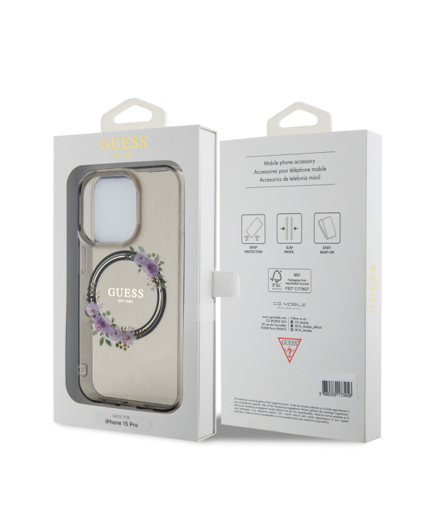 Guess PC|TPU Flowers Ring Glossy Logo MagSafe Case for iPhone 15 Pro Black