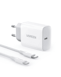 UGREEN CD137, 20W PD 3.0 USB-C Wall Charger (White) + cable IP to USB-C (white)
