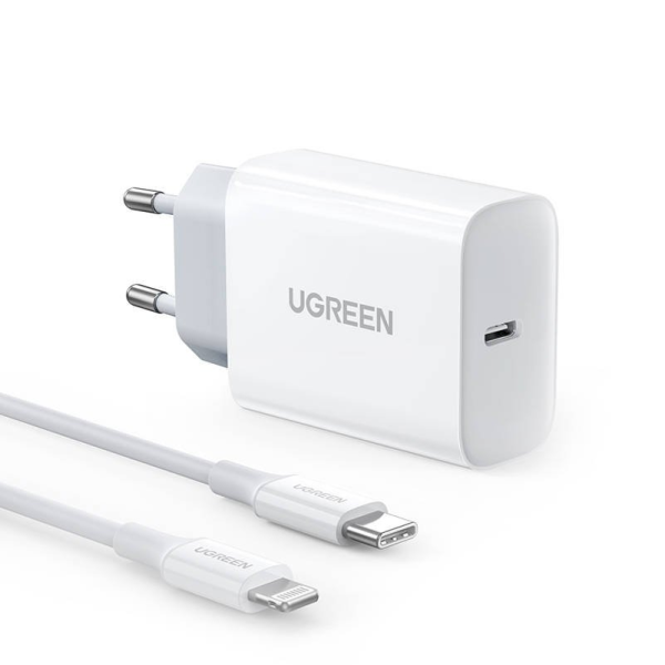 UGREEN CD137, 20W PD 3.0 USB-C Wall Charger (White) + cable IP to USB-C (white)