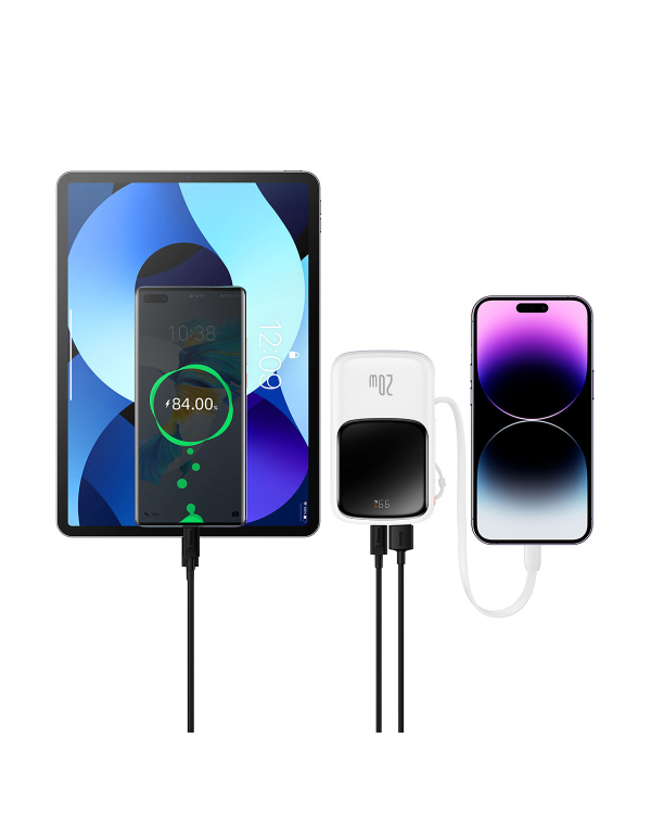 Powerbank Baseus Qpow PRO with cable, USB-C, 2xUSB, 10000mAh, 20W (White)