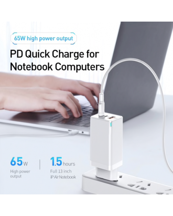 Baseus GaN CCGAN-B02 Сетевое зарядное устройство USB / 2 x USB-C / 65W / 5A / Quick Charge 3.0 Белое