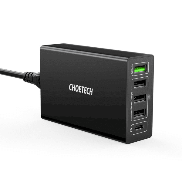 Обложка книги «Choetech travel wall Charger 4x USB / 1X USB Type C 60W Power Delivery Quick Charge black (Q34U2Q-EU)»