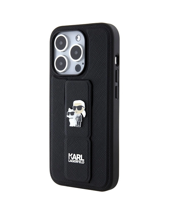 Karl Lagerfeld Gripstand Saffiano Karl&Choupette Pins case for iPhone 15 Pro - black