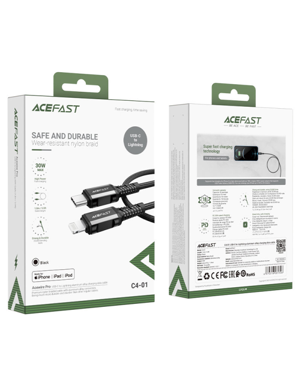 Acefast cable MFI USB Type C - Lightning 1,8m, 30W, 3A black (C4-01 C Black)