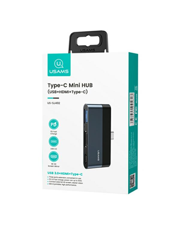 USAMS Adapter HUB USB 3.0|USB-C|HDMI 1.4 szary|grey SJ492HUB01 (US-SJ492)