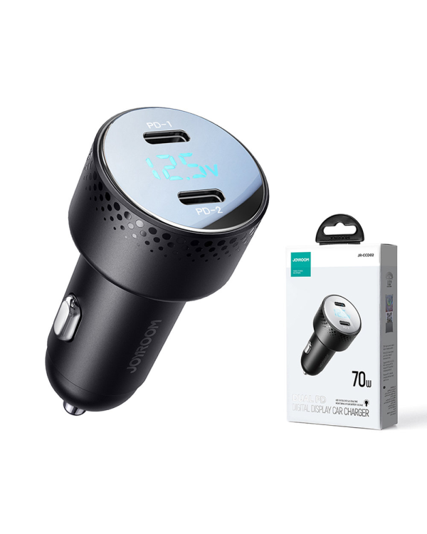 Car charger 2x USB C 70W with LED display Joyroom JR-CCD02 - black