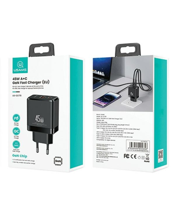 Дополнительное изображение книги «USAMS 1xUSB-C+1xUSB 45W (только зарядное устройство) GaN PD3.0 +QC3.0 Fast Charger| Black (US-CC178)»