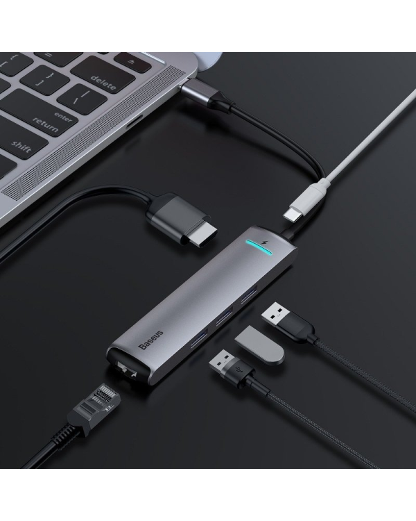 Baseus CAHUB-J0G 6 in 1 Приставка для MacBook | 1 x HDMI | 3 x USB 3.0 | USB-C | RJ45 | PD