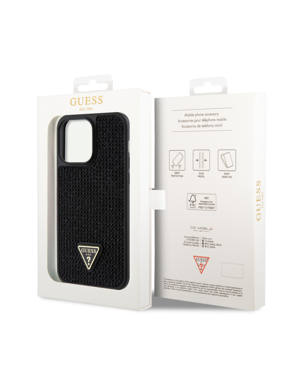 Guess Rhinestones Triangle Metal Logo Case for iPhone 15 Pro Max Black