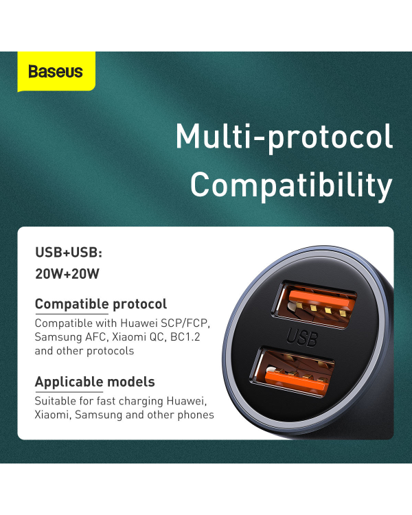 Baseus Golden Contactor Pro quick car charger 2x USB 40 W Quick Charge SCP FCP AFC + USB - USB Type C cable gray (TZCCJD-A0G)