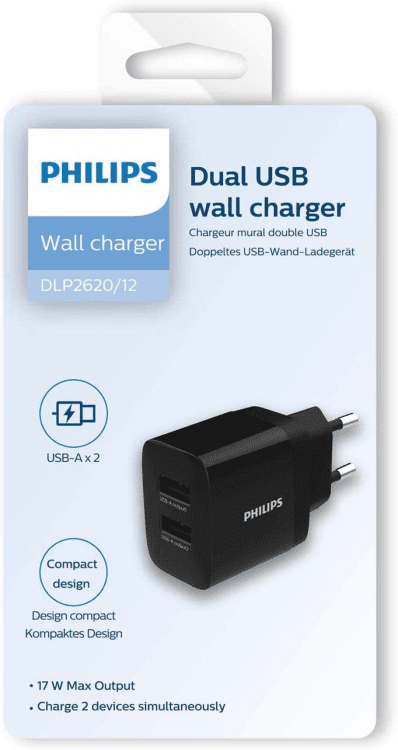 Philips DLP2620|12 зарядное устройство с двумя портами USB 17 Вт | 2,4 А, черное