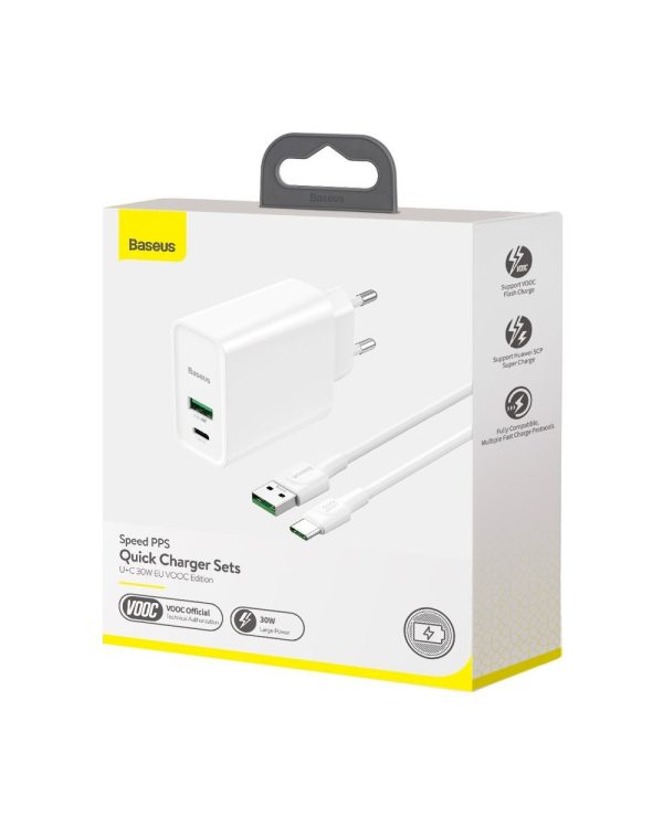 Baseus Speed PPS VOOC TZCCFS-H02 Сетевое зарядное устройство USB / USB-C / 4.5A / QC 4.0 / PD 3.0 белое