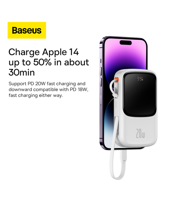 Powerbank Baseus Qpow PRO with cable, USB-C, 2xUSB, 10000mAh, 20W (White)
