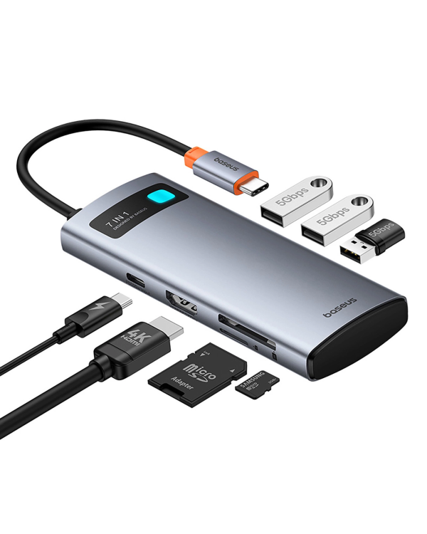 Baseus Metal Gleam 7in1 HDMI 4K 60Hz USB-C Hub | 3x USB 3.0 | USB-C PD | SD | microSD - Gray