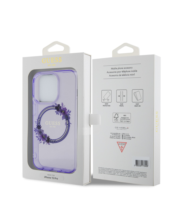 Guess PC|TPU Flowers Ring Glossy Logo MagSafe Чехол для iPhone 15 Pro фиолетовый