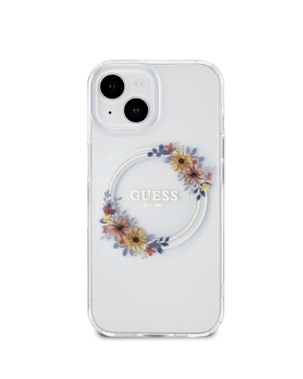 Guess PC|TPU Flowers Ring Glossy Logo MagSafe Чехол для iPhone 13 прозрачный