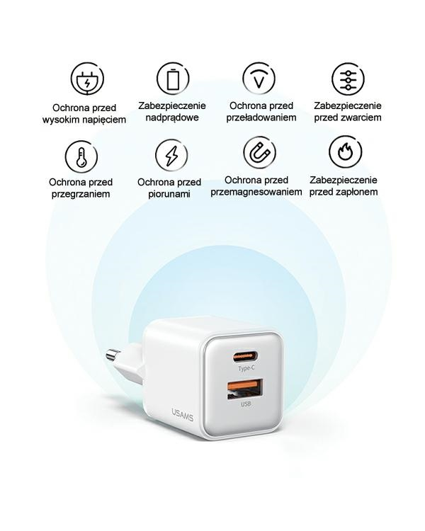 Дополнительное изображение книги «USAMS Ład. siec. 1xUSB+1xUSB-C PD30W 3A (only head) PD3.0 Fast Charging czarny|black X-ron Series CC189TC01 (US-CC189)»