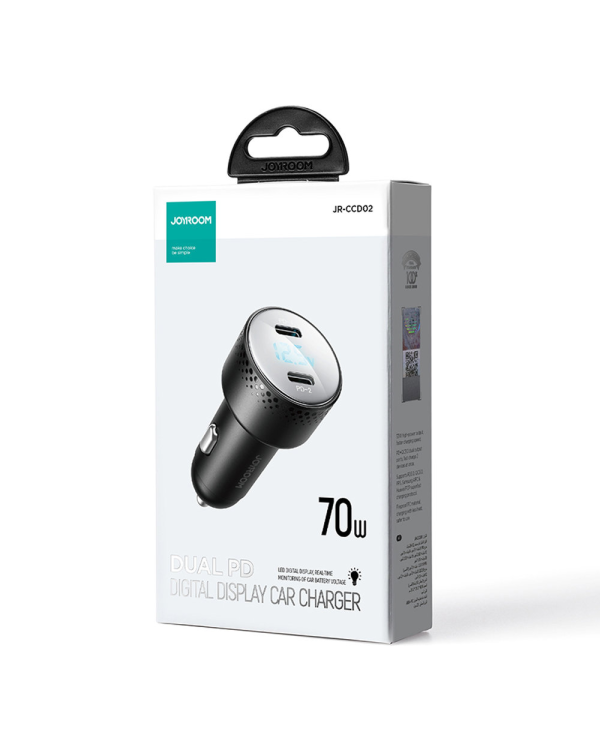 Car charger 2x USB C 70W with LED display Joyroom JR-CCD02 - black