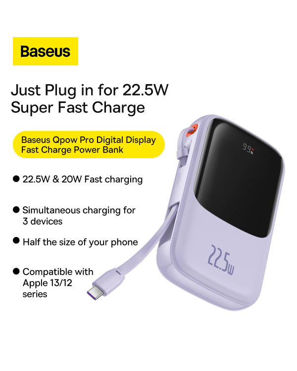 Baseus Qpow power bank 10000mAh built-in USB Type-C cable 22.5W Quick Charge SCP AFC FCP purple (PPQD020105)