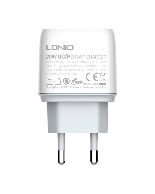Wall charger LDNIO A2424C USB, USB-C 20W + Lightning Cable