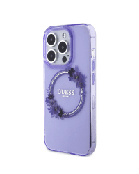 Guess PC|TPU Flowers Ring Glossy Logo MagSafe  Чехол для iPhone 15 Pro Max фиолетовый