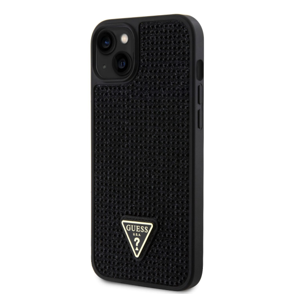 Чехол Guess со стразами и треугольным металлическим логотипом для iPhone 15 Plus черный