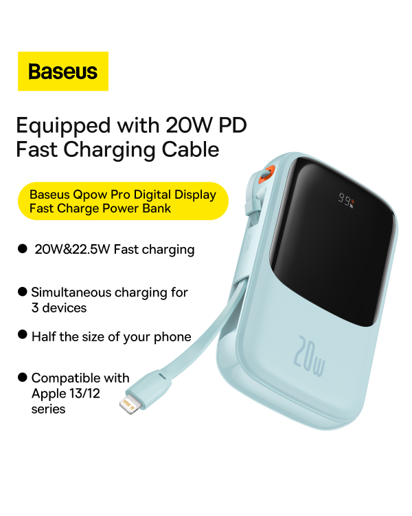 Baseus Qpow power bank 10000mAh built-in Lightning 20W Quick Charge cable SCP AFC FCP blue (PPQD020003)