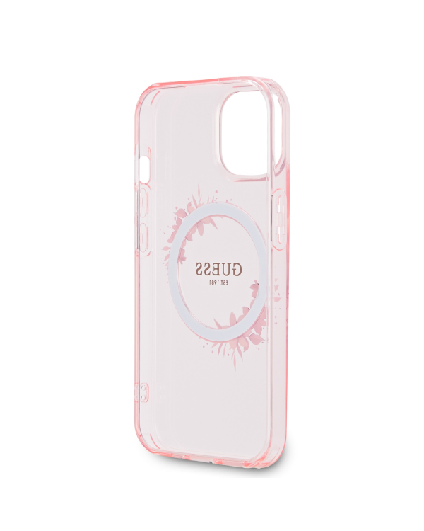Guess PC|TPU Flowers Ring Glossy Logo MagSafe Чехол для iPhone 15 розовый