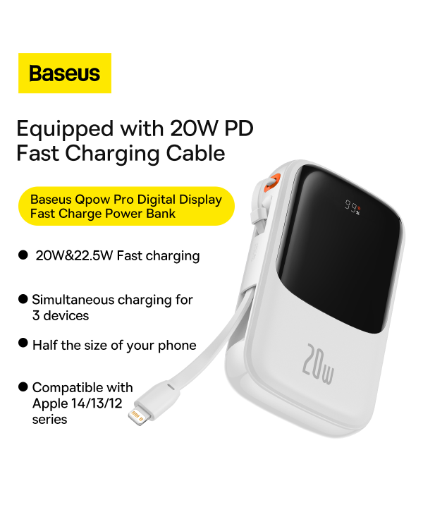 Powerbank Baseus Qpow PRO with cable, USB-C, 2xUSB, 10000mAh, 20W (White)