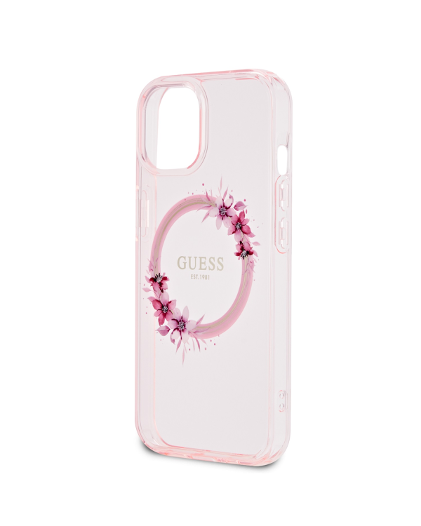 Guess PC|TPU Flowers Ring Glossy Logo MagSafe Чехол для iPhone 15 розовый