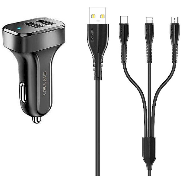 Usams U32 автомобильная зарядка USB 12 / 24V / 2.1A черная + кабель 3 в 1 Usams U32 автомобильная зарядка USB 12 / 24V / 2.1A черная + кабель 3 в 1