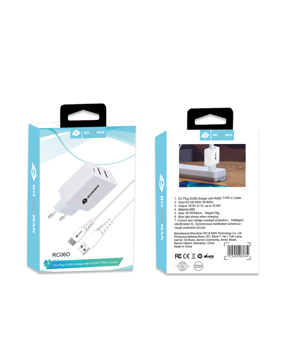 RO&MAN универсальное зарядное устройство USB / 5V / 2.4A + USB-C провод 1М белая