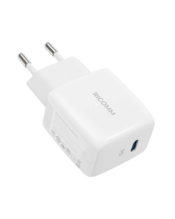 Настенное зарядное устройство 25W PD Ricomm RC251 EU, 1xUSB-C + кабель USB-C 2,1 м