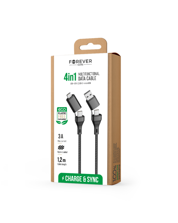 Forever CORE 4in1 cable USB + USB-C - USB-C + microUSB 1,2 m 3A black