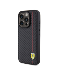 Ferrari PU Leather Carbon Vertical Red Line Case for iPhone 15 Pro Black