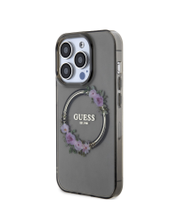 Guess PC|TPU Flowers Ring Glossy Logo MagSafe Case for iPhone 15 Pro Black