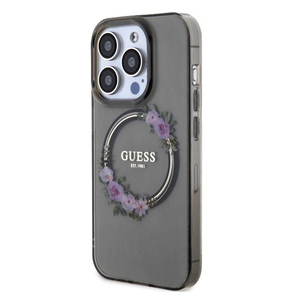 Guess PC|TPU Flowers Ring Glossy Logo MagSafe Case for iPhone 15 Pro Black